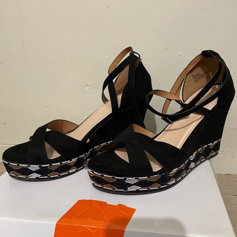 Black Suede Strappy Wedge Sandals